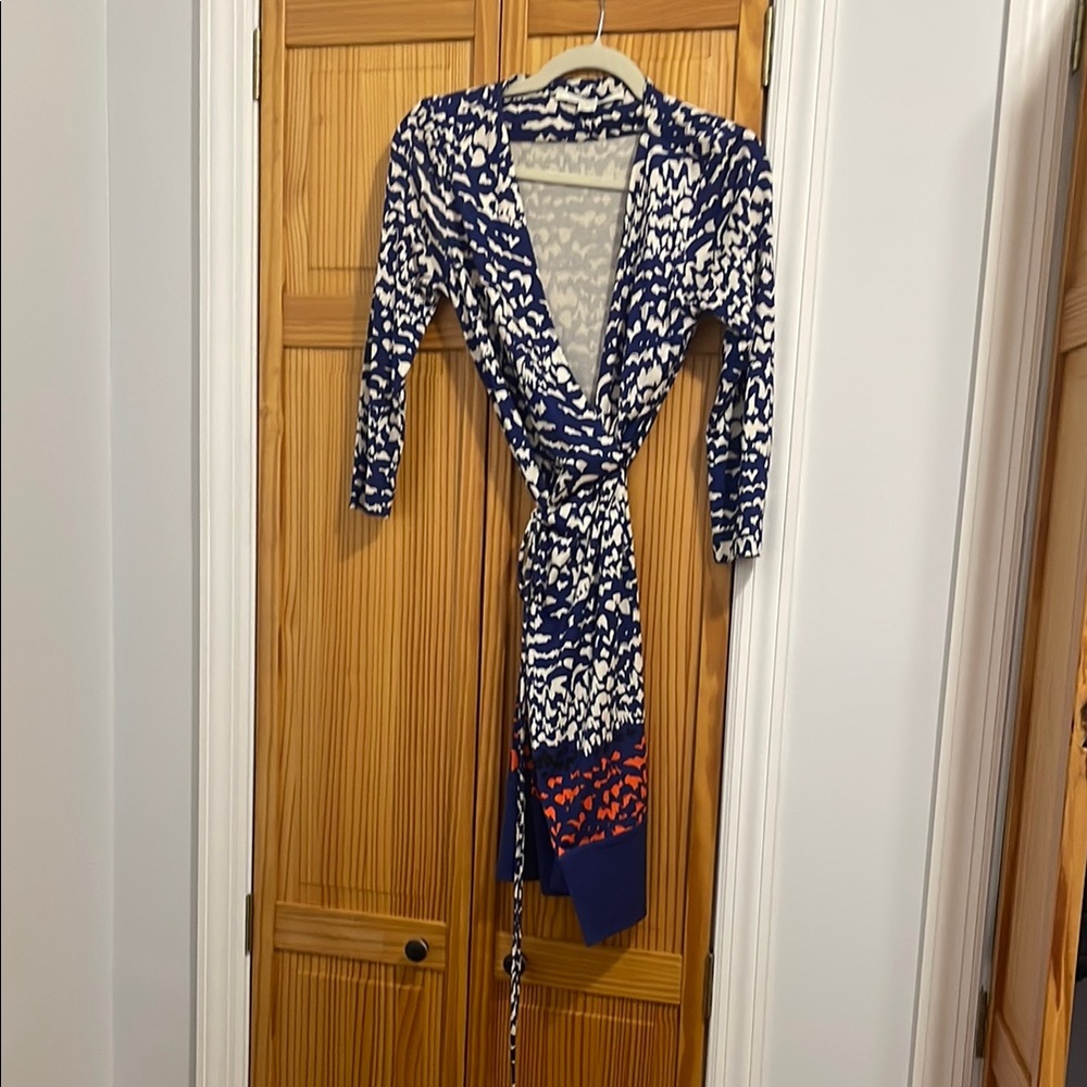 Diane Von Furstenberg Navy and White Wrap Dress with Red Accents